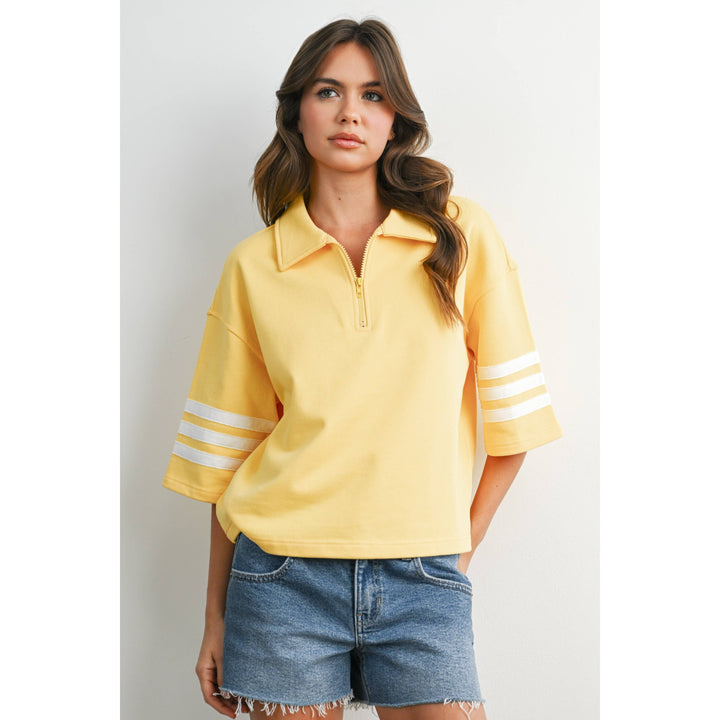 Women's Short Sleeve - Striped Sleeve Quarter-Zip Pullover - - Cultured Cloths Apparel