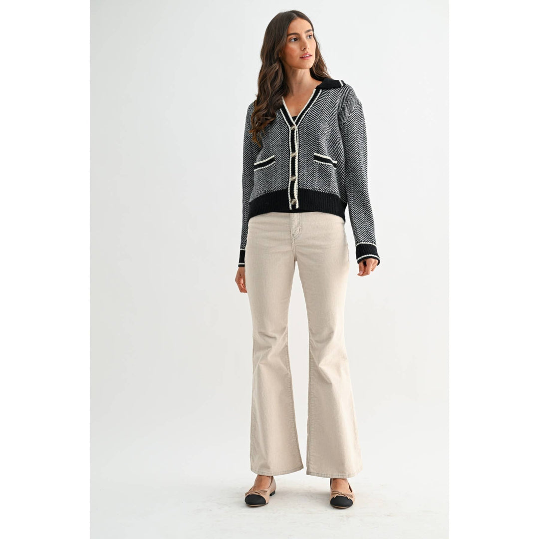 HERRINGBONE KNIT CARDIGAN IN BLACK