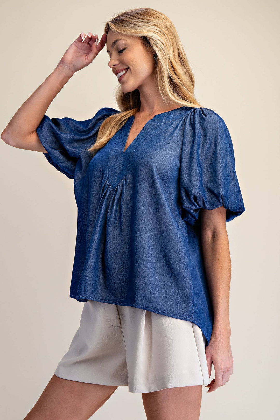 - V-Neck Placket Balloon Sleeve Top - - Cultured Cloths Apparel
