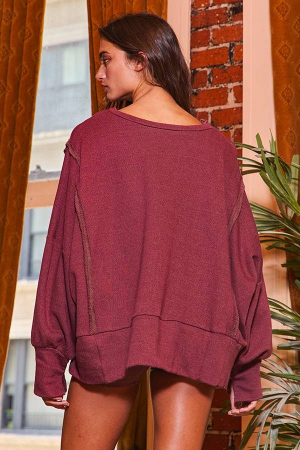 T2369 Raw Edge Detail Hi-Low Hem Solid Terry Top