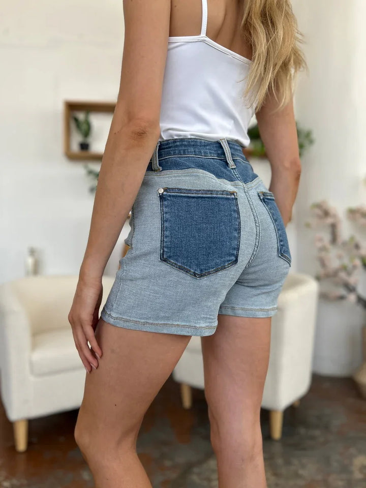 Women's Shorts - Judy Blue Full Size Color Block Denim Shorts - - Cultured Cloths Apparel