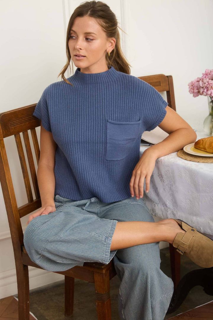 Women's Short Sleeve - MOCK NECK POCKET DETAIL SHORT SLEEVE KNIT SWEATER - - Cultured Cloths Apparel