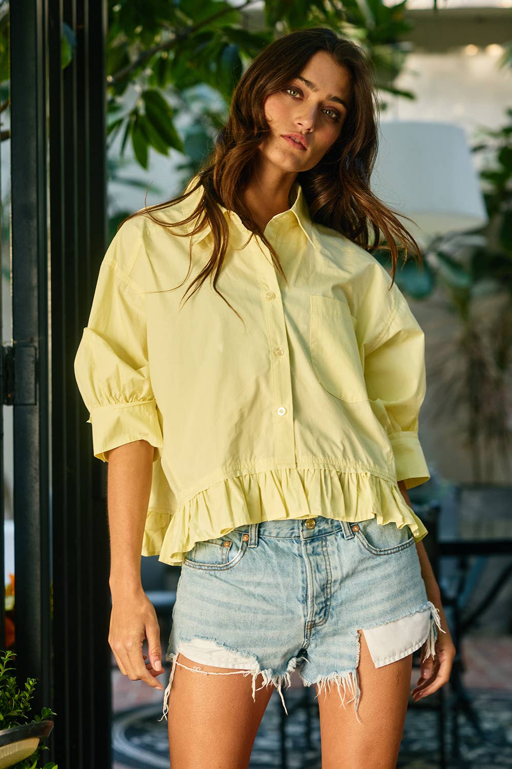 Women's Short Sleeve - Ruffled Hem Solid Poplin Blouse Shirt Top - - Cultured Cloths Apparel