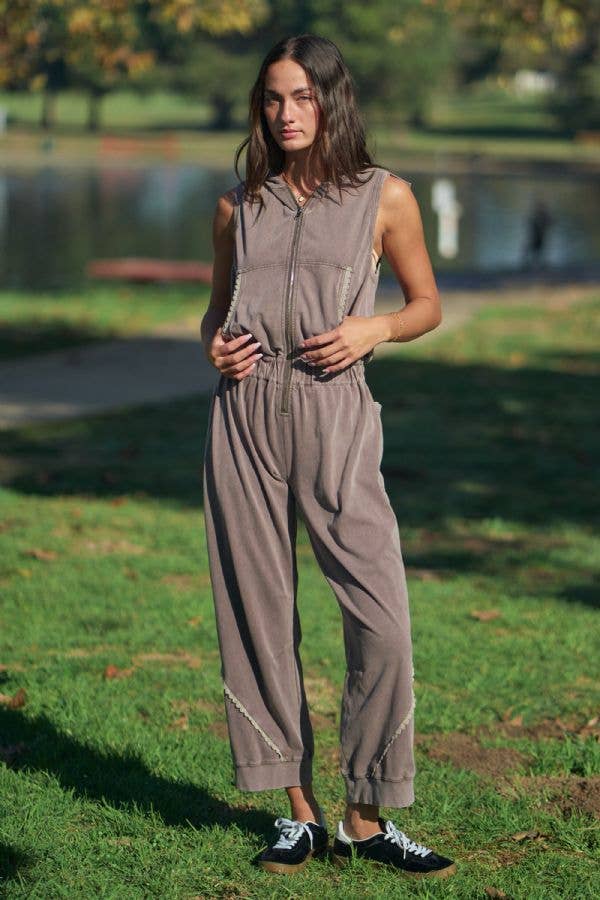 Washed Lace Trim Sleeveless Hooded Jumpsuit