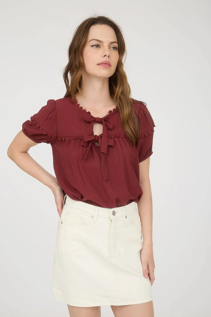 Women's Short Sleeve - SCALLOP TRIM FRONT TIE DETAIL PUFF SLEEVE TOP - - Cultured Cloths Apparel