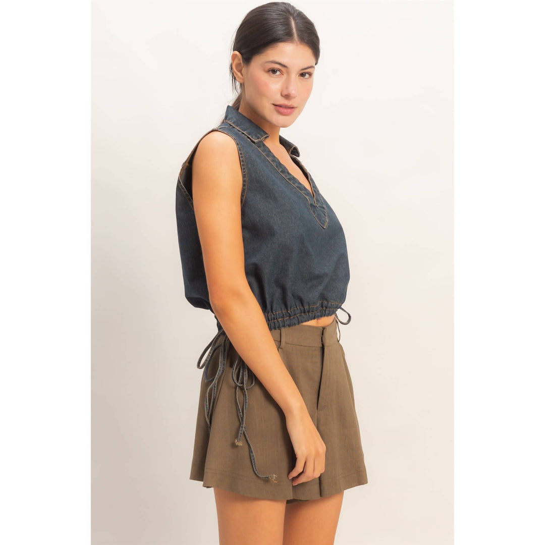 Women's Short Sleeve - Collared V-Neck Drawstring Tank - - Cultured Cloths Apparel