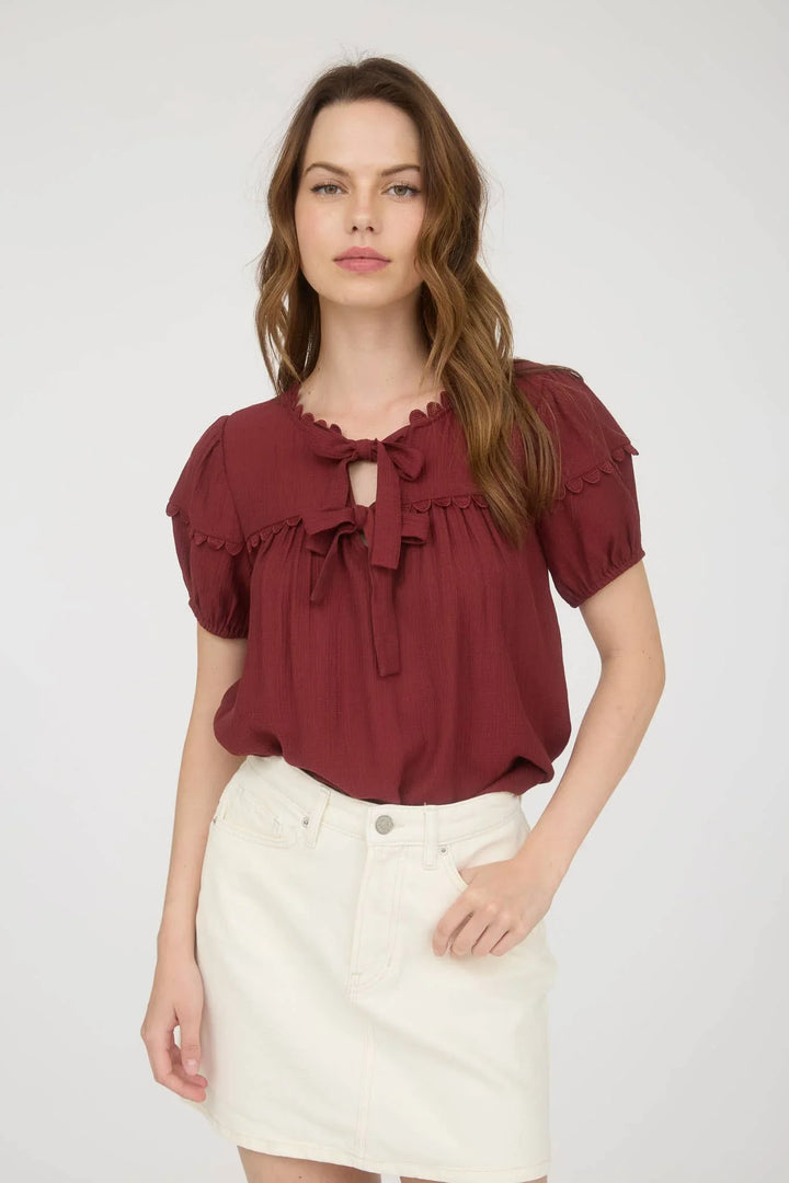 Women's Short Sleeve - SCALLOP TRIM FRONT TIE DETAIL PUFF SLEEVE TOP - - Cultured Cloths Apparel