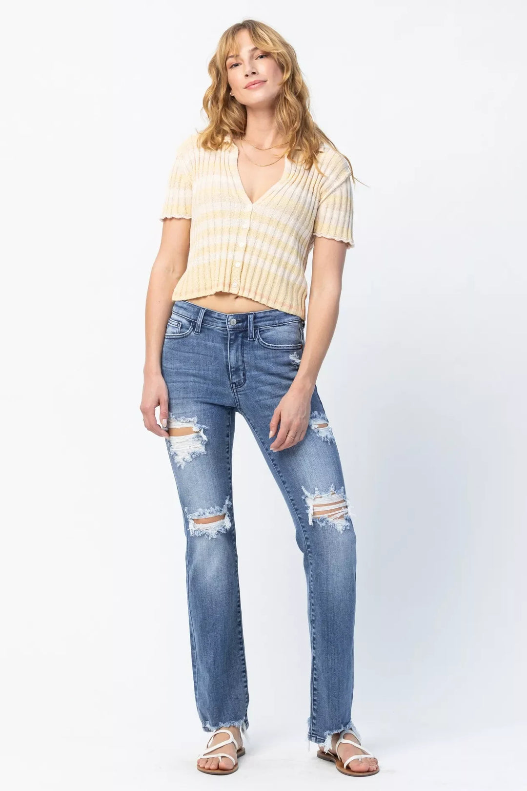 Denim - Judy Blue Full Size Mid Rise Destroy Straight Jeans Plus Size - - Cultured Cloths Apparel