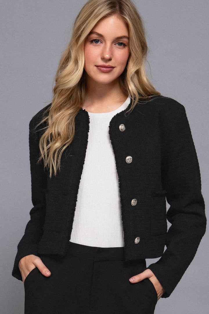 Outerwear - Long Sleeve Crew Neck Button Down Tweed Jacket - - Cultured Cloths Apparel