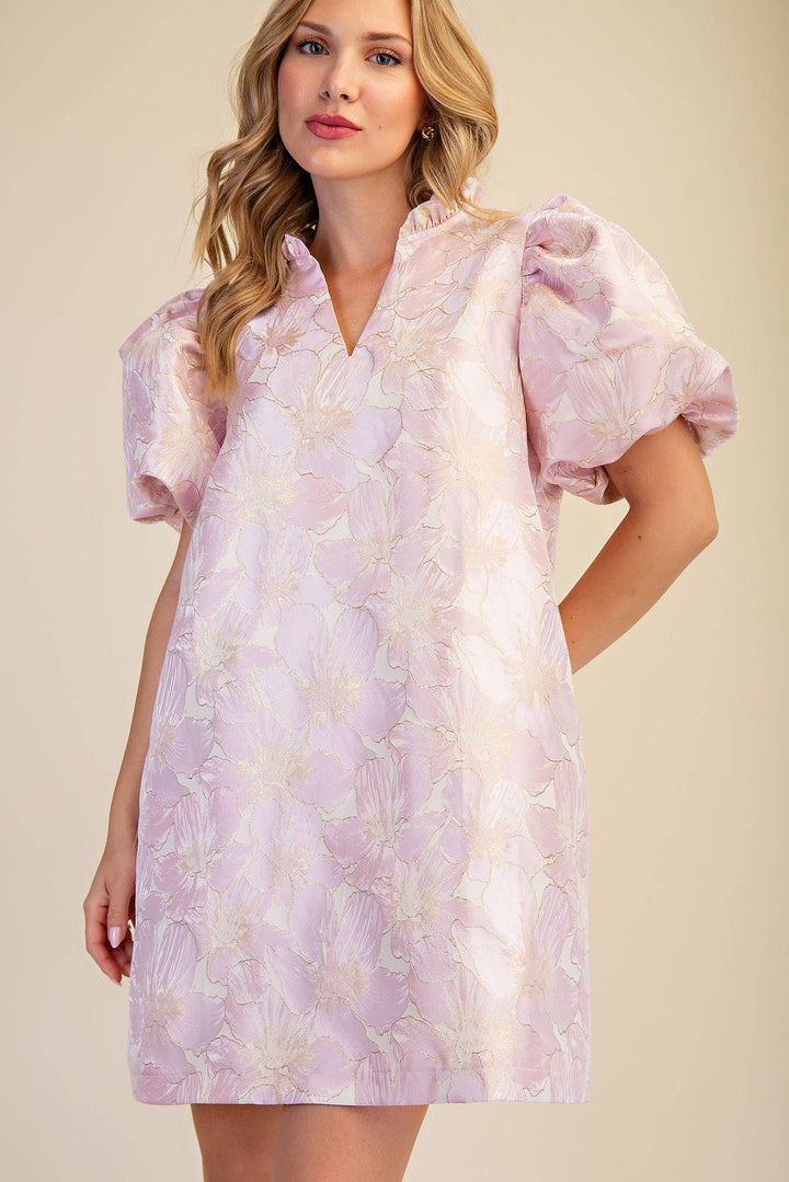 Dresses - Ruffle V-Neck Puff Sleeve Mini Dress - Spring / Summer - Pink - Cultured Cloths Apparel