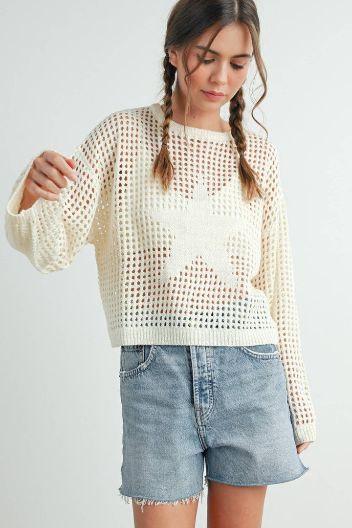 Women's Sweaters - Star Crew Neck Crochet Sweater - - Cultured Cloths Apparel