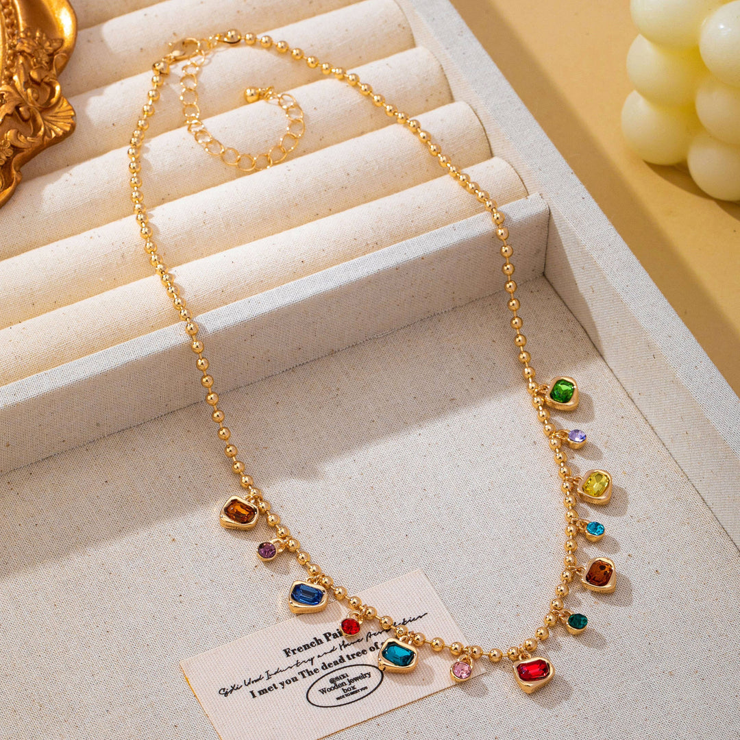 Accessories, Necklaces - Brass Multi-Color Glass Gem Charm Chain Necklace | 80N93682 - - Cultured Cloths Apparel