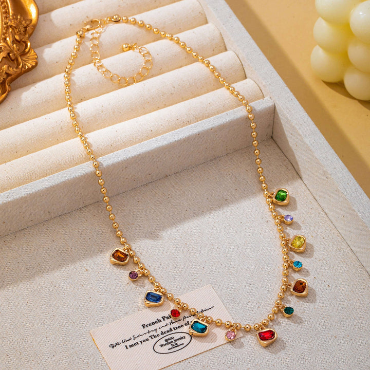 Accessories, Necklaces - Brass Multi-Color Glass Gem Charm Chain Necklace | 80N93682 - - Cultured Cloths Apparel