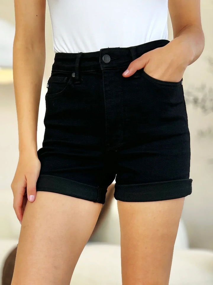 Women's Shorts - Judy Blue Full Size High Waist Tummy Control Cuffed Denim Shorts - Black - Cultured Cloths Apparel