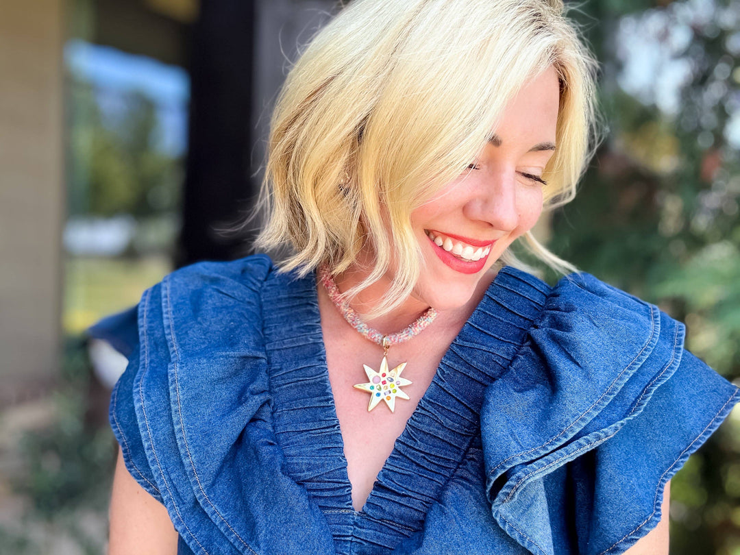 Textured Cord Necklace - Gold Sunburst Charm - Blakely