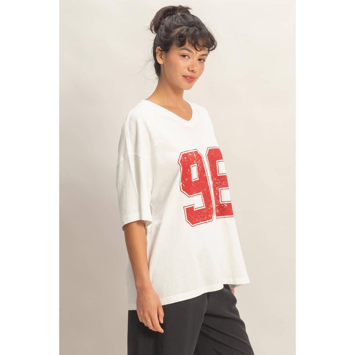 Graphic T-Shirts - Oversized Varsity Style V-Neck Graphic T-Shirt - - Cultured Cloths Apparel