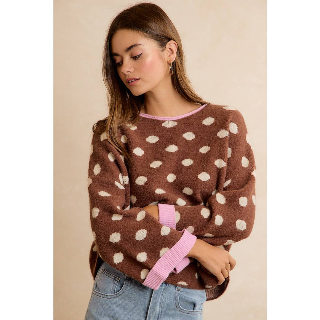 CONTRAST NECK AND ROLL UP DETAIL POLKA DOT SWEATER