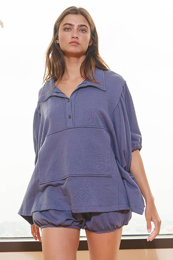 Women's Short Sleeve - Gray Oversized Drawstring Tie Sleeves Detail Solid Top - - Cultured Cloths Apparel