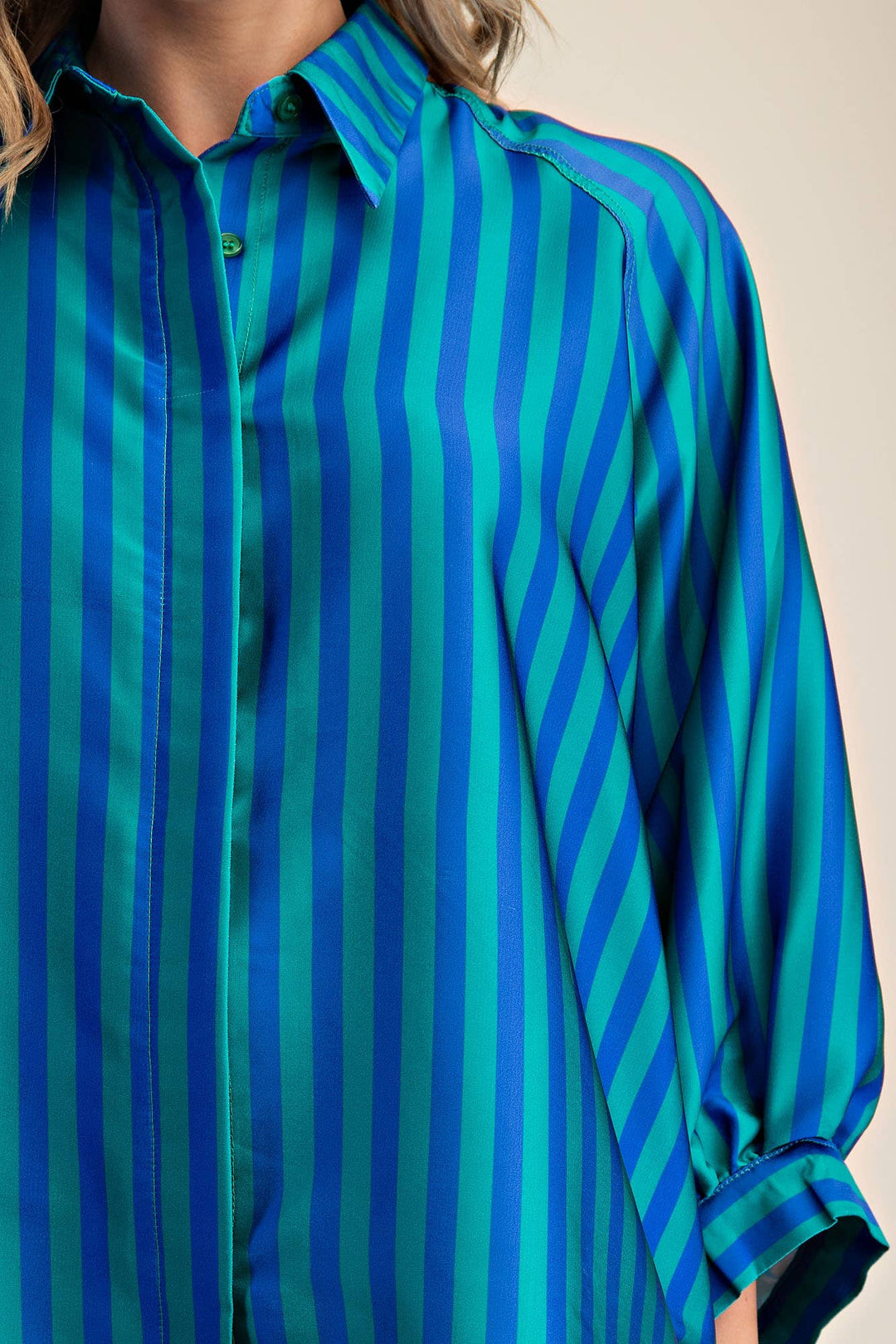 Women's 3/4 Sleeve - Balloon Dolman Sleeve Button Front Oversized Shirt - - Cultured Cloths Apparel