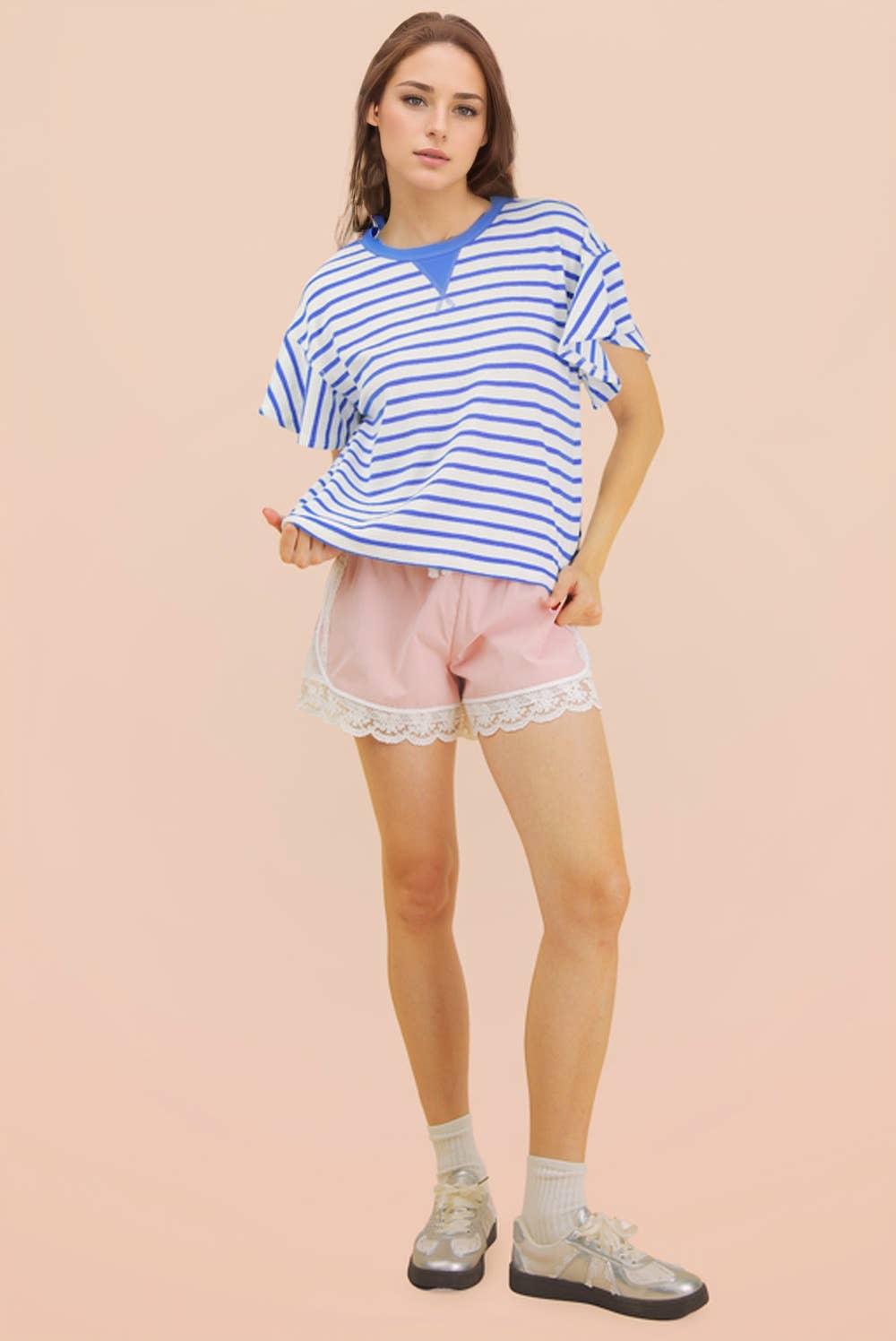 Oversized Ruffle Sleeve Casual Stripe Knit Top