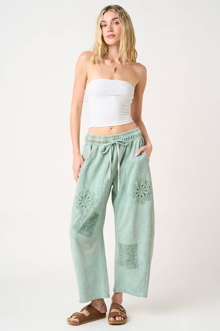 MINERAL WASH CROCHET PATCH BARREL LEG PANTS