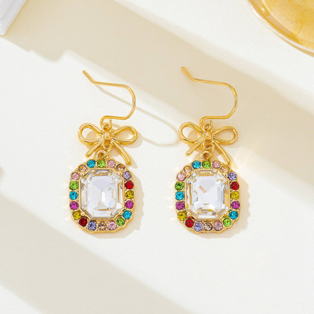Accessories, Earrings - Bow & Emerald-Cut Rainbow Crystal Drop Earrings | 80E62407 - - Cultured Cloths Apparel