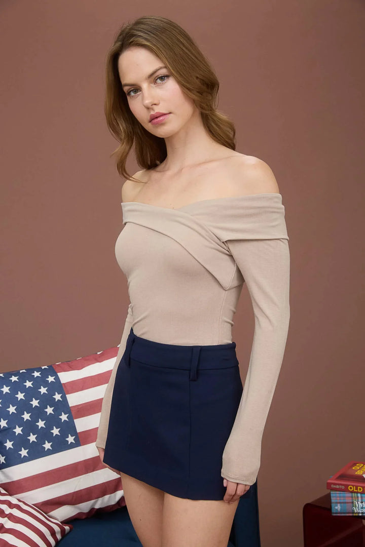 Women's Long Sleeve - OFF SHOULDER WRAP DETAIL LONG SLEEVE KNIT TOP - - Cultured Cloths Apparel