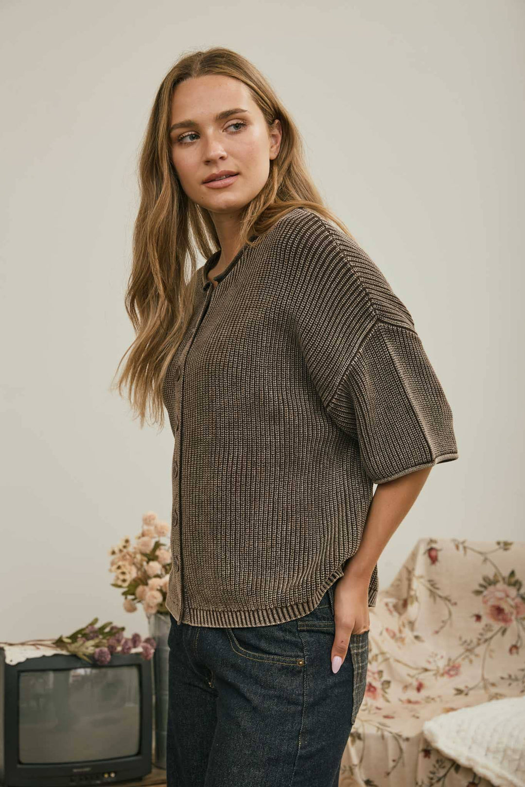 Cardigans - WASHED RIBBED SHORT SLEEVE ROLLED EDGE CARDIGAN - - Cultured Cloths Apparel