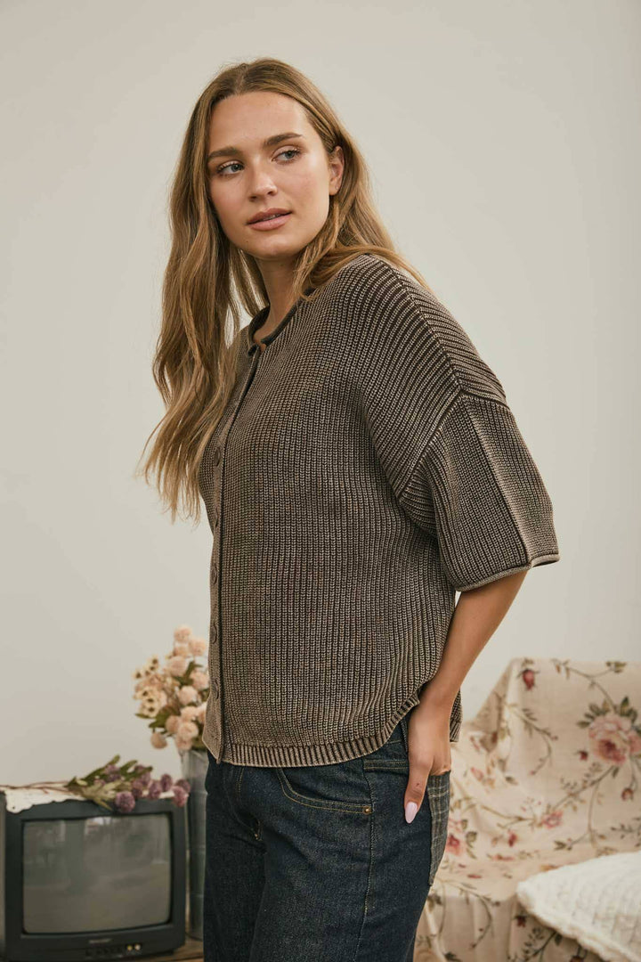 Cardigans - WASHED RIBBED SHORT SLEEVE ROLLED EDGE CARDIGAN - - Cultured Cloths Apparel
