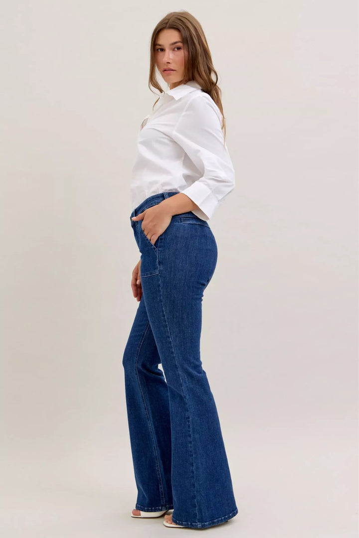 Denim - Judy Blue High Waist Flare Jeans with Front Patch Pockets - - Cultured Cloths Apparel