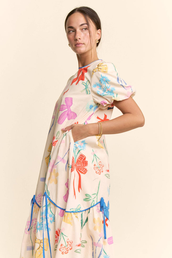 BOW FLOWER PRINTED BINDING DETAIL MIDI DRESS