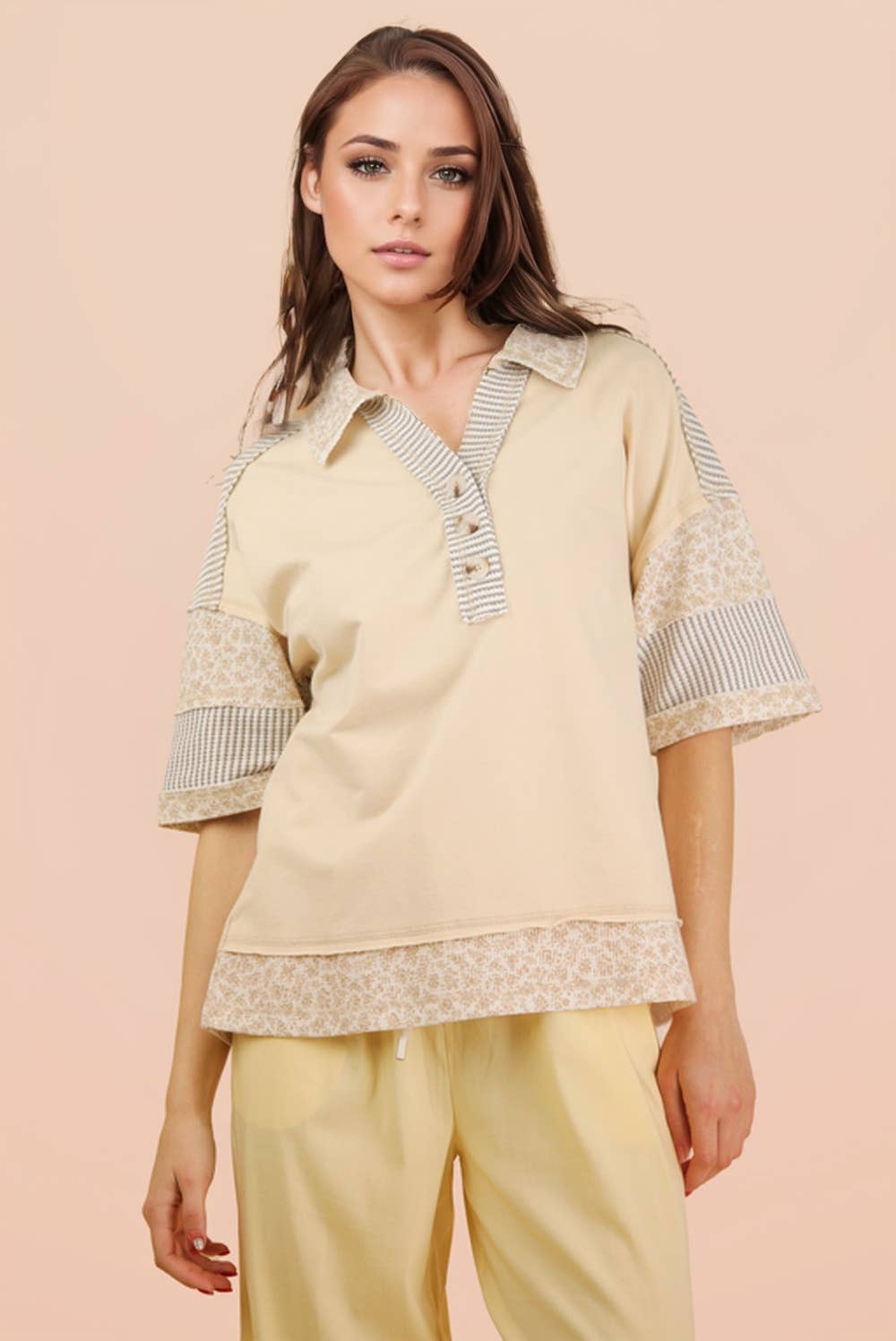 Women's Short Sleeve - Oversized Half Button Down Collared Knit Top - - Cultured Cloths Apparel