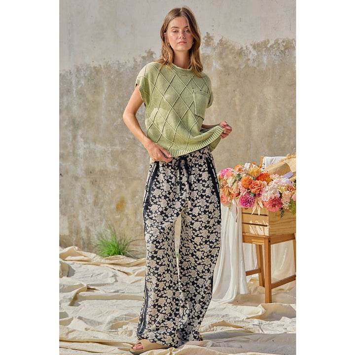 FLORAL JACQUARD SIDE LACE TRIM ELASTIC PANTS