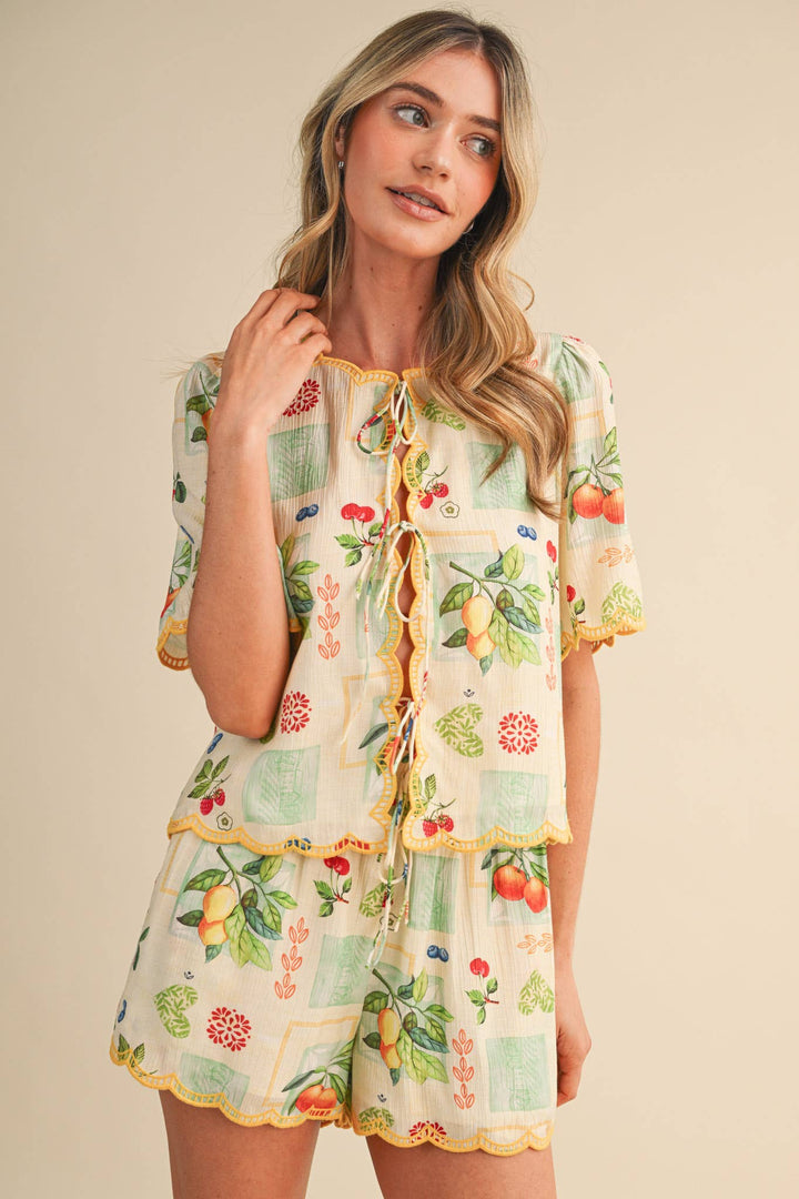 Romper - FRUIT PRINT EMBROIDERED SCALLOP TOP AND SHORTS SET - - Cultured Cloths Apparel