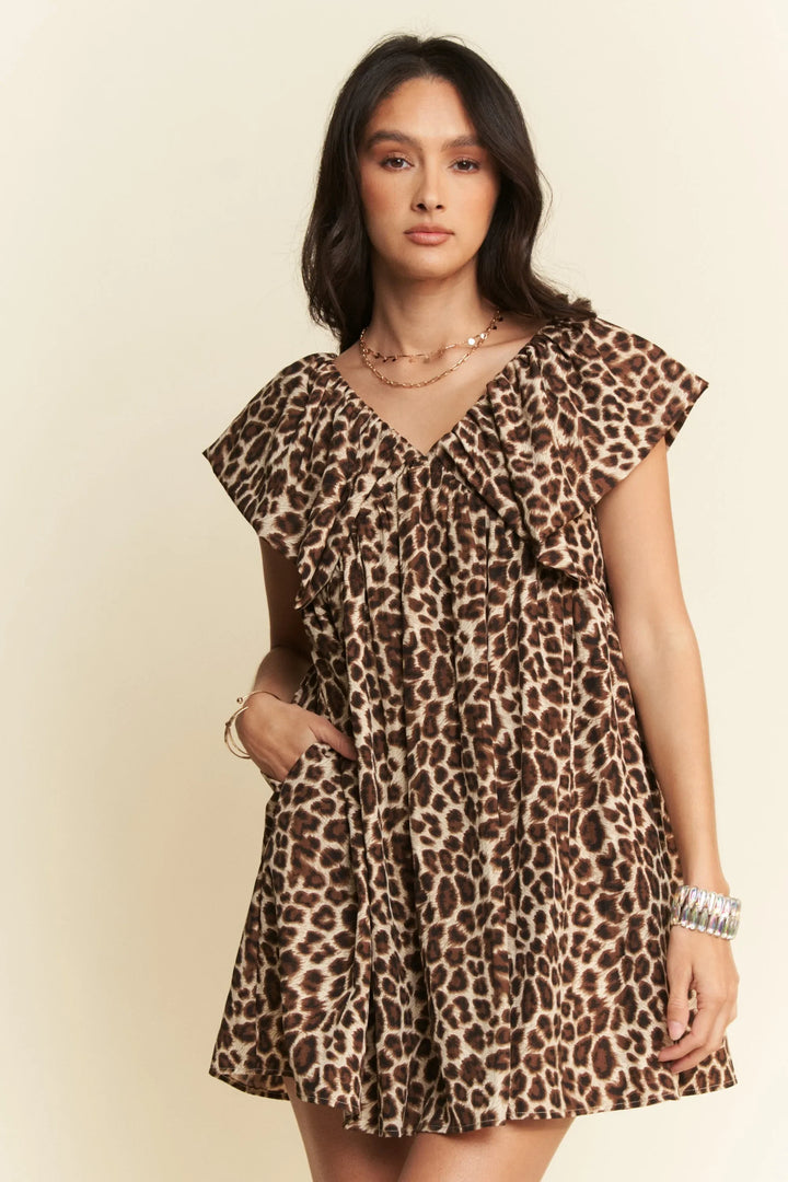 Women's Dresses - Davi & Dani Animal Printed Velvet Ribbon Mini Dress - - Cultured Cloths Apparel
