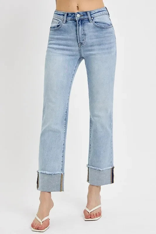 Denim - RISEN High Rise Straight Cuffed Relaxed Jeans - - Cultured Cloths Apparel