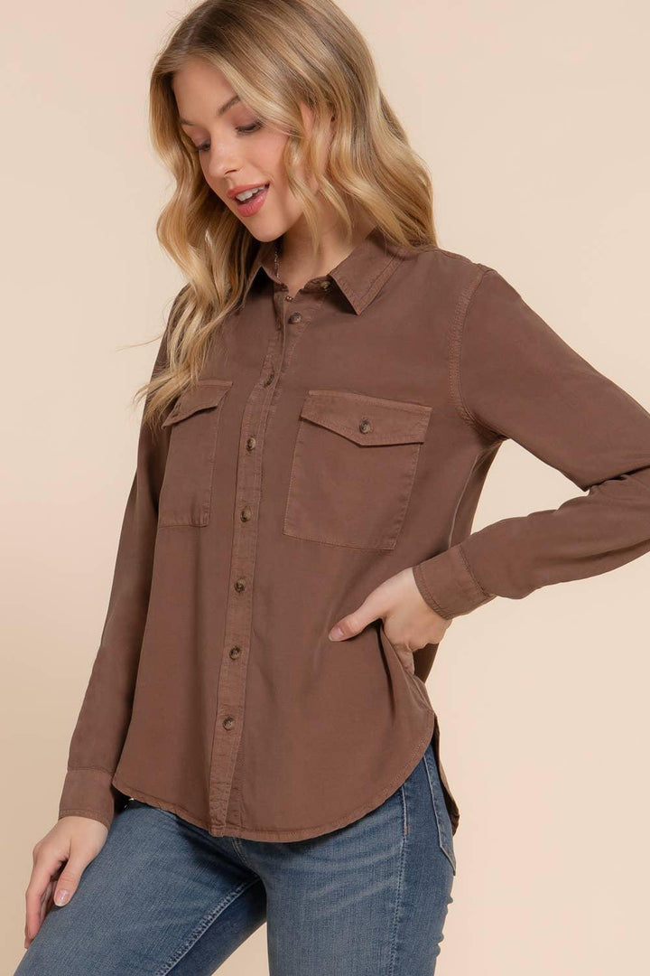 Women's Long Sleeve - Long Sleeve Color Tencel Shirt - - Cultured Cloths Apparel