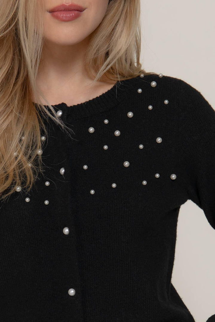 Women's Sweaters - Long Sleeve Round Neck Pearl Embellished Sweater Cardigan - - Cultured Cloths Apparel