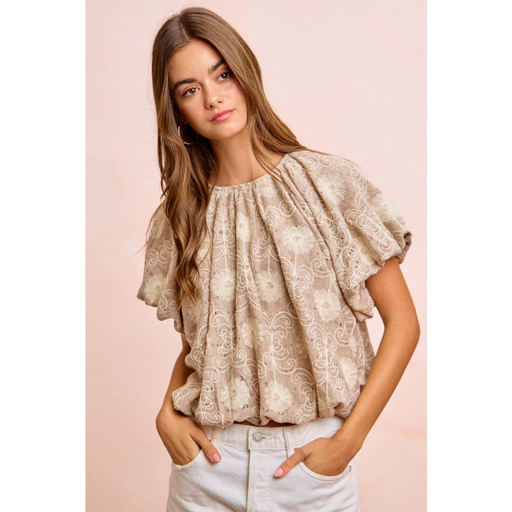 Women's Short Sleeve - FLOWER EMBROIDERED SHIRRED NECKLINE BUBBLE HEM TOP - - Cultured Cloths Apparel