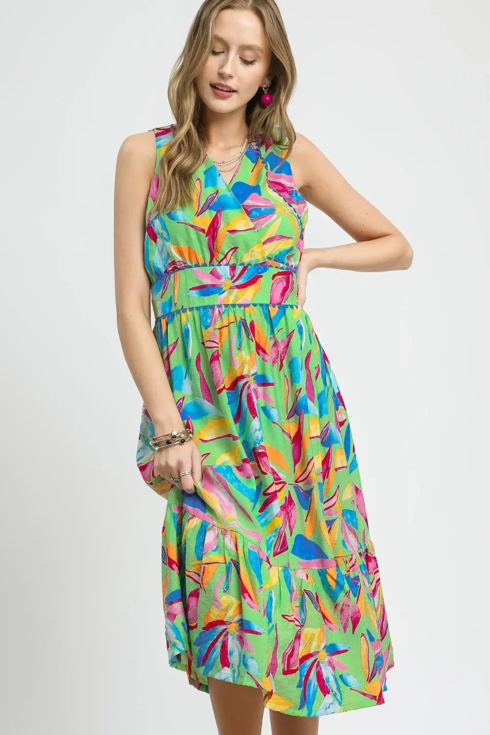 Umgee Ruffled Hem Printed Sleeveless Midi Dress Green / M Umgee Ruffled Hem Printed Sleeveless Midi Dress Green / M