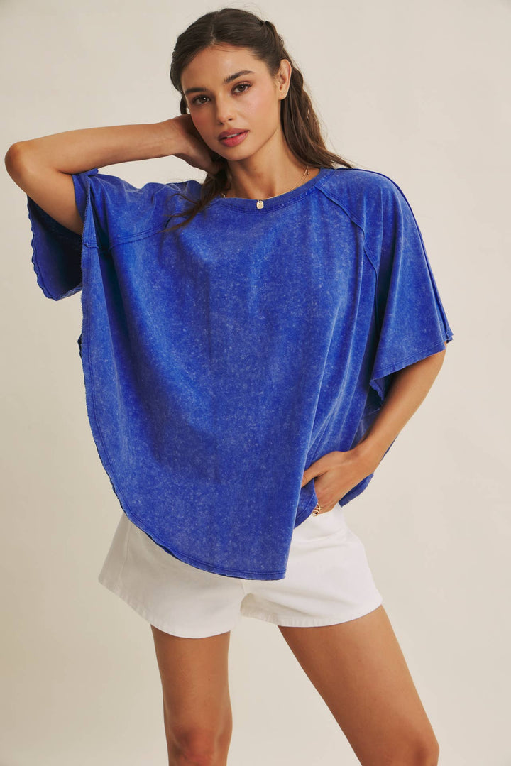 Women's Short Sleeve - EASY DRAPE MINERAL-WASHED PONCHO-LIKE COTTON JERSEY TOP - ELECTRIC BLUE - Cultured Cloths Apparel