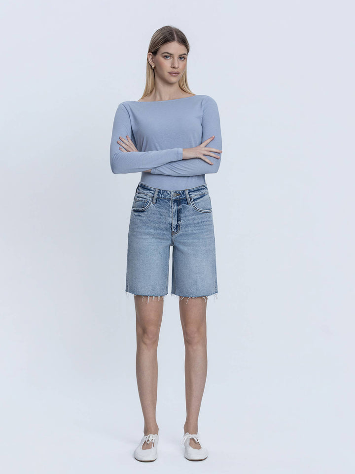 Denim - HIGH RISE RAW HEM DENIM JORTS - - Cultured Cloths Apparel