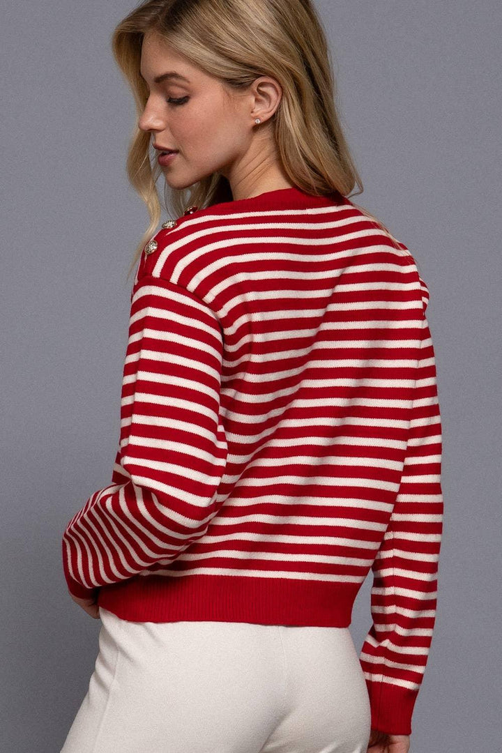 Women's Sweaters - Long Sleeve Buttoned Shoulder Stripe Sweater - - Cultured Cloths Apparel