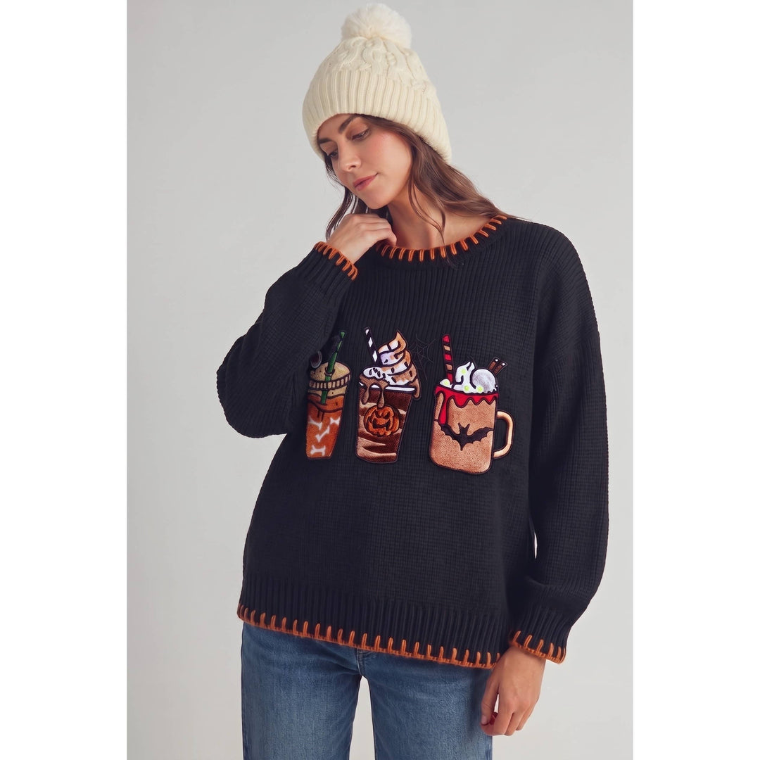 Halloween Drinks Stitched Loose Fit Sweater Top