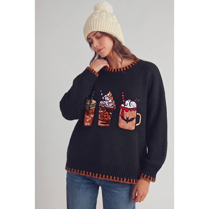 Halloween Drinks Stitched Loose Fit Sweater Top