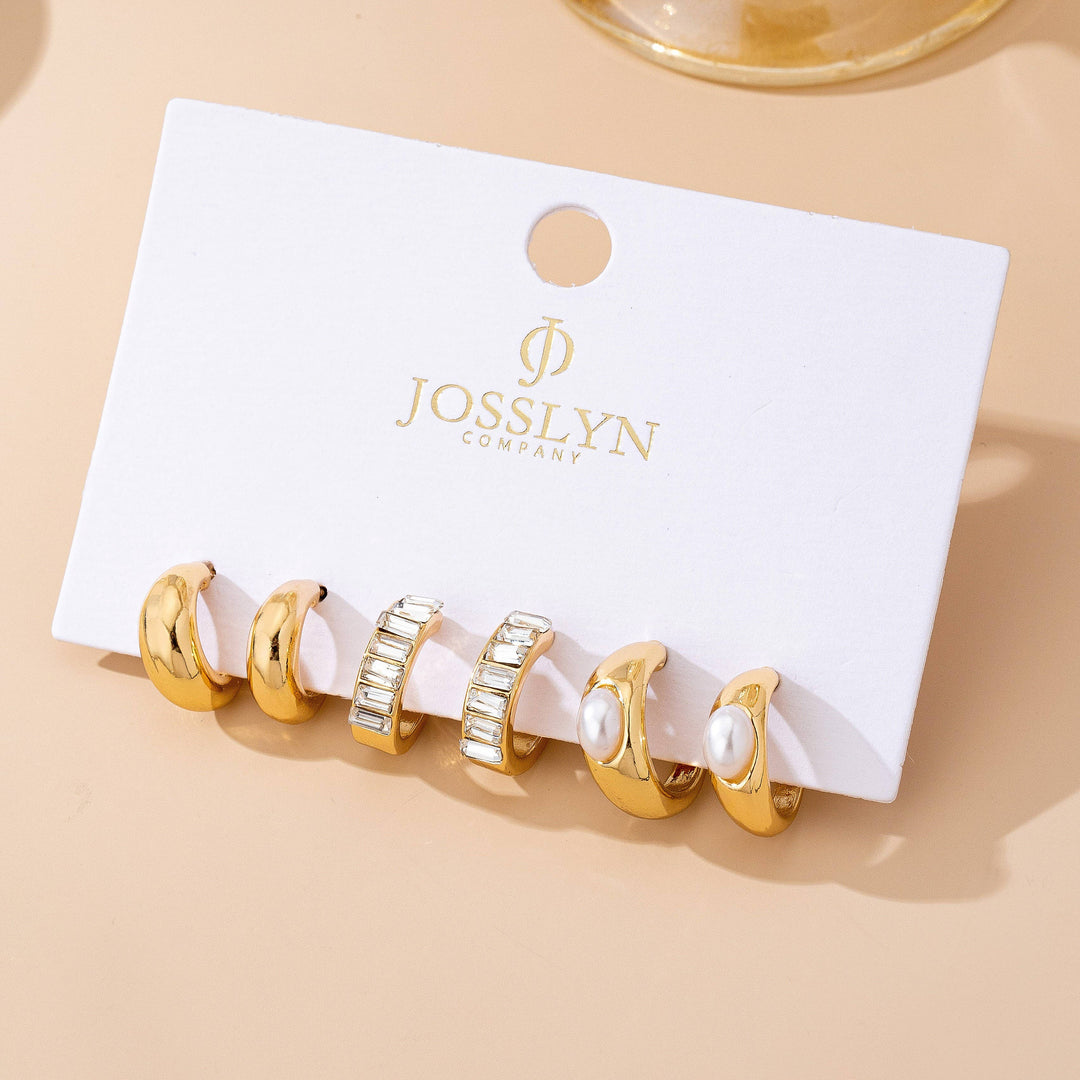 Accessories, Earrings - Pearl & Baguette Huggie Hoop Trio Earring Set - - Cultured Cloths Apparel
