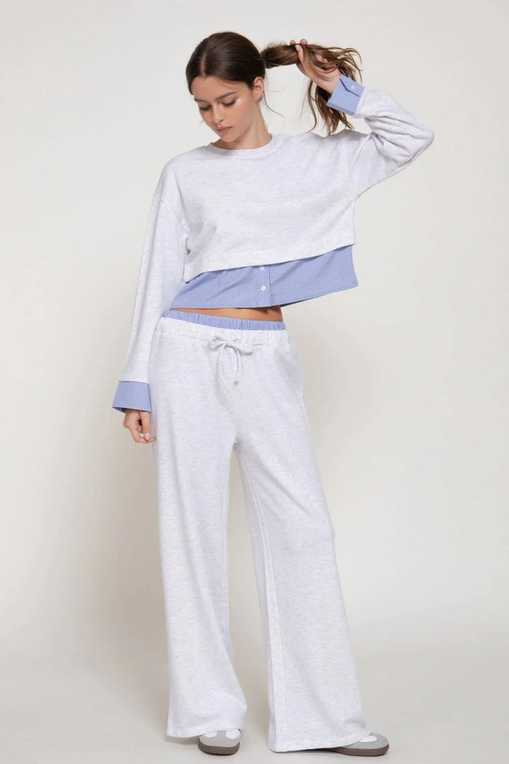 Elastic Waist Long Pants with Contrasting Check Panel