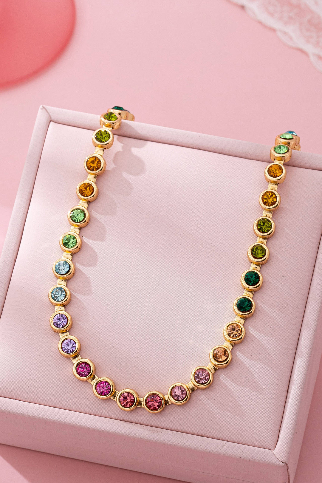 Rainbow Bezel-Set Gemstone Tennis Necklace