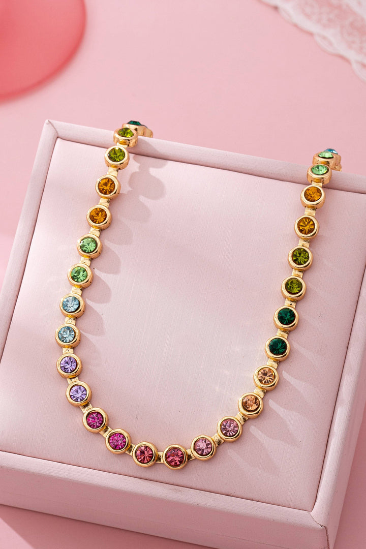 Rainbow Bezel-Set Gemstone Tennis Necklace