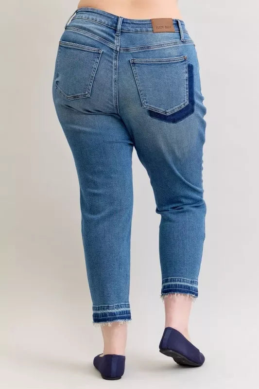 Denim - Judy Blue Full Size Mid Rise Bf Patch & Repair Destroy Release Hem Jeans Plus Size - - Cultured Cloths Apparel
